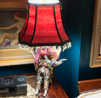 one of a kind doll lamp with red shade